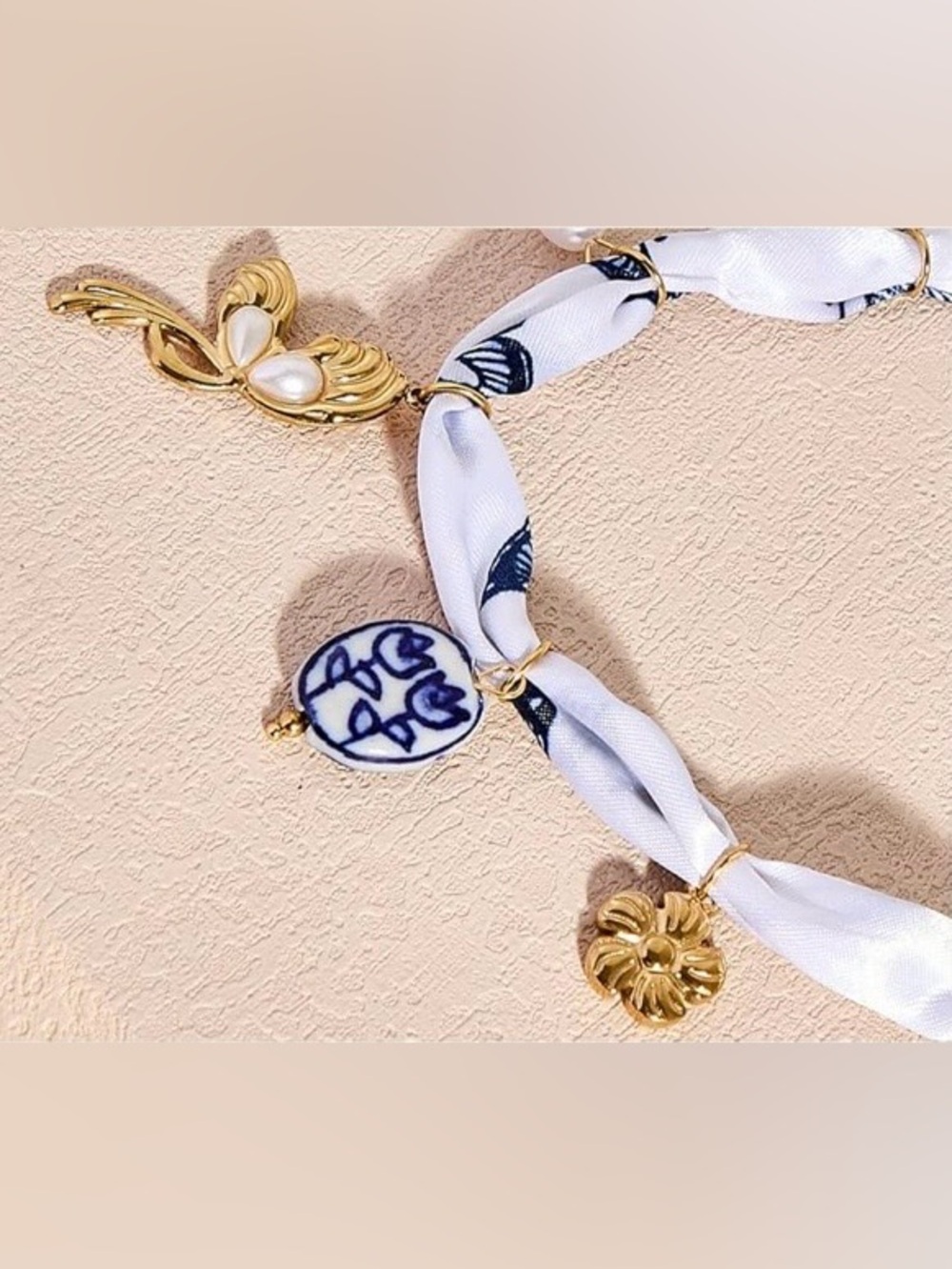New Anthropologie White Scarf Necklace with Navy Butterfly Print & Gold Charms - Picture 4 of 5